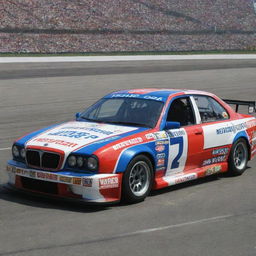 A Lancia car reincarnated in NASCAR style, flaunting vibrant colors, racing specifications, and bedecked with various sponsor logos.