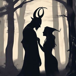 A realistic scene depicting forbidden love between a male demon with small horns and a female witch who is small and has no horns