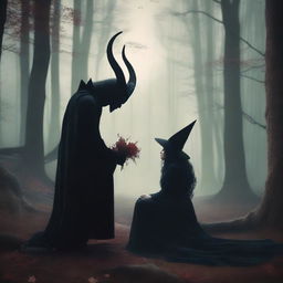 A realistic scene depicting forbidden love between a male demon with small horns and a female witch who is small and has no horns