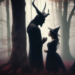 A realistic scene depicting forbidden love between a male demon with small horns and a female witch who is small and has no horns