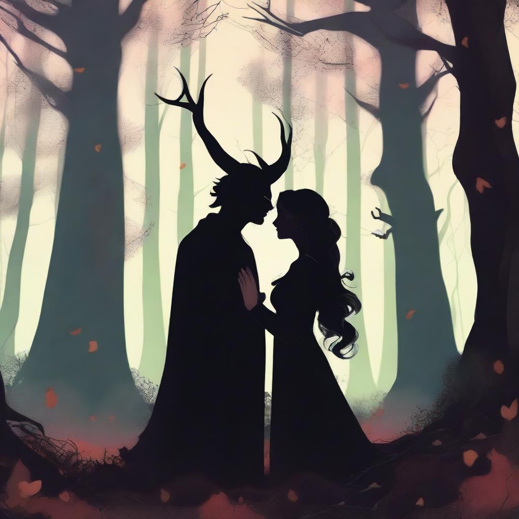 A realistic scene depicting forbidden love between a male demon with small horns and a female witch who is small and has no horns