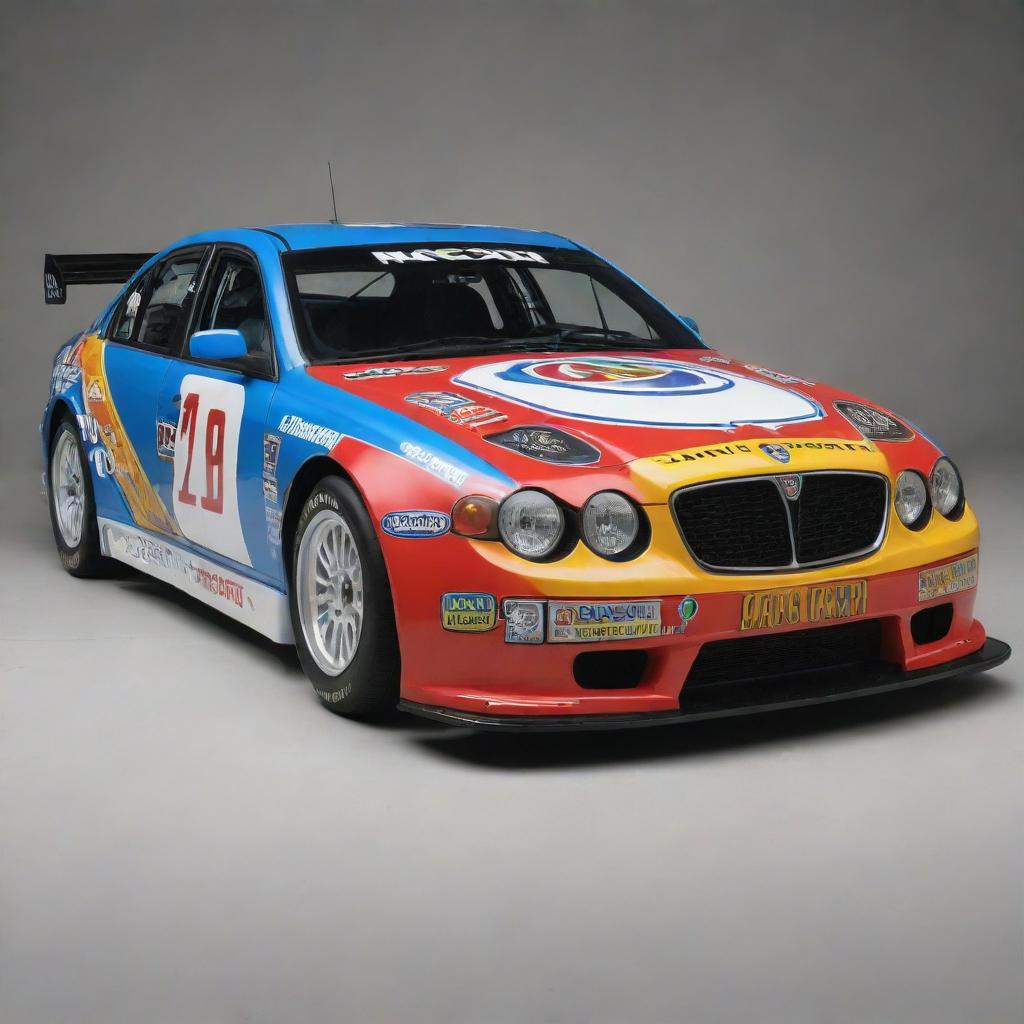 A Lancia car reincarnated in NASCAR style, flaunting vibrant colors, racing specifications, and bedecked with various sponsor logos.