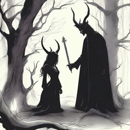 A realistic scene depicting forbidden love between a male demon with small horns and a small female witch with no horns