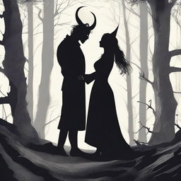 A realistic scene depicting forbidden love between a male demon with small horns and a small female witch with no horns