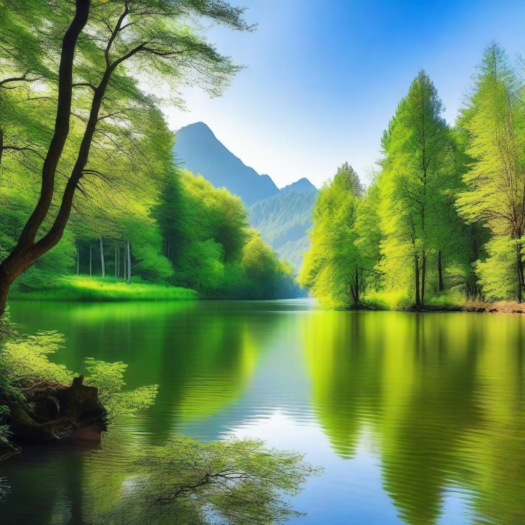 A serene and tranquil scene featuring a beautiful nature landscape with lush green trees, a calm river flowing through the forest, and a clear blue sky