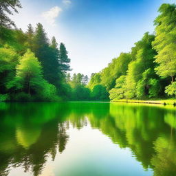 A serene and tranquil scene featuring a beautiful nature landscape with lush green trees, a calm river flowing through the forest, and a clear blue sky