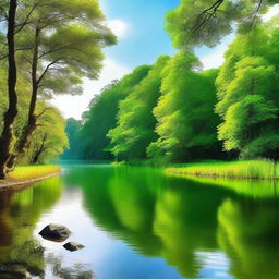 A serene and tranquil scene featuring a beautiful nature landscape with lush green trees, a calm river flowing through the forest, and a clear blue sky