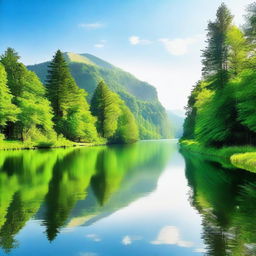 A serene and tranquil scene featuring a beautiful nature landscape with lush green trees, a calm river flowing through the forest, and a clear blue sky