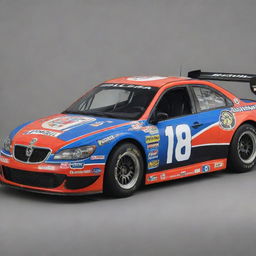 A Lancia car reincarnated in NASCAR style, flaunting vibrant colors, racing specifications, and bedecked with various sponsor logos.