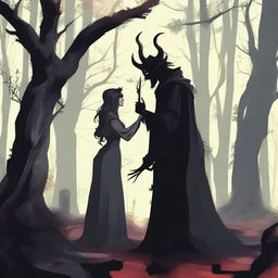 A realistic scene depicting forbidden love between a male demon with small horns and a female witch with no horns