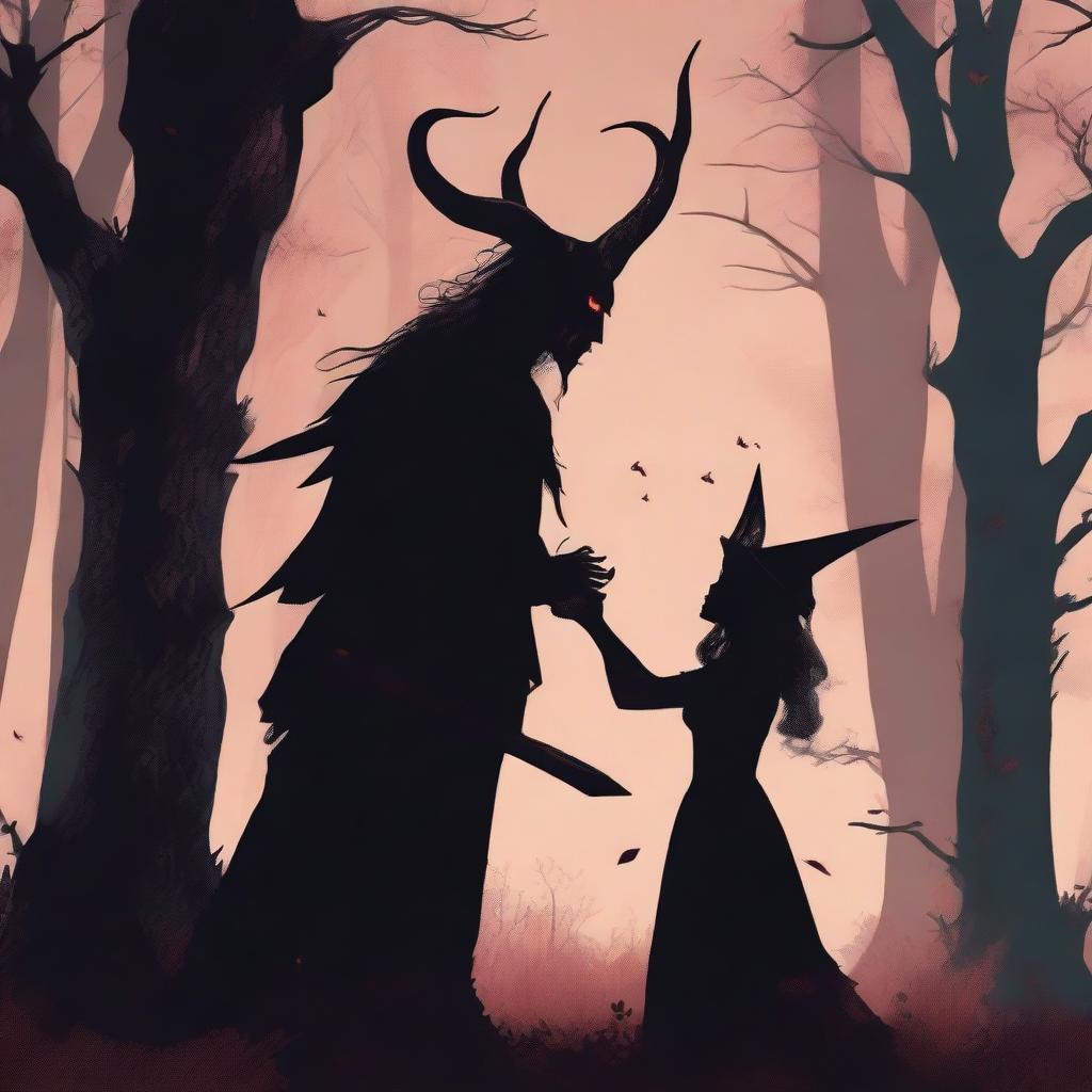 A realistic scene depicting forbidden love between a male demon with small horns and a female witch with no horns