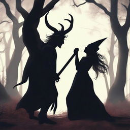 A realistic scene depicting forbidden love between a male demon with small horns and a female witch with no horns