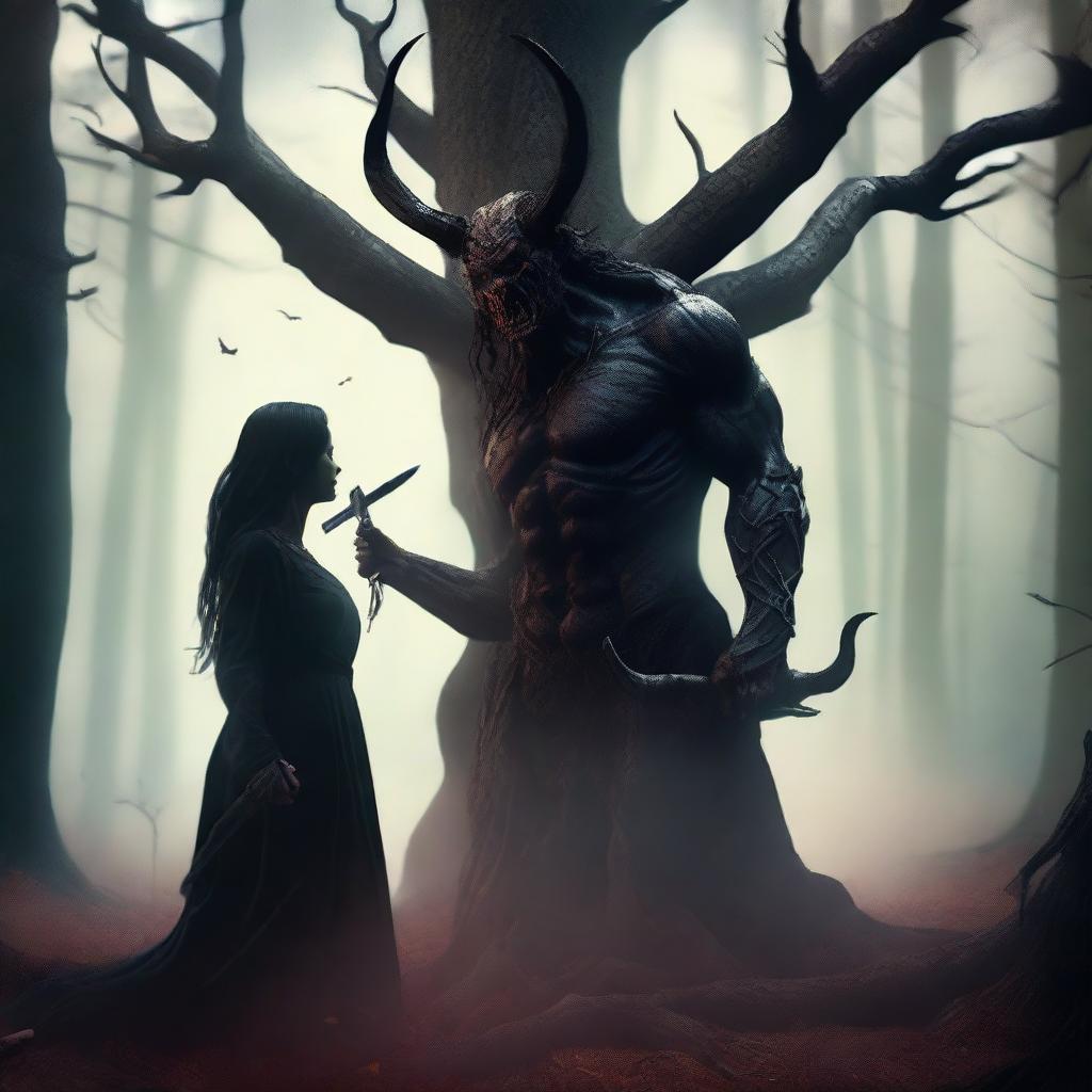 A realistic scene depicting forbidden love between a male demon with small horns and a female witch with no horns