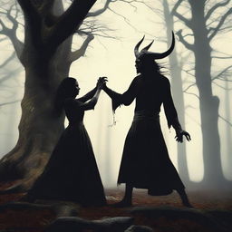 A realistic scene depicting forbidden love between a male demon with small horns and a female witch with no horns