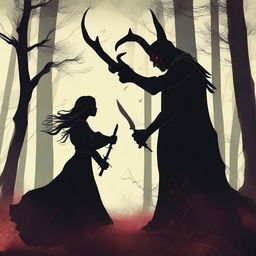 A realistic scene depicting forbidden love between a male demon with small horns and a female witch with no horns