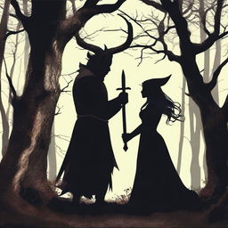 A realistic scene depicting forbidden love between a male demon with small horns and a female witch with no horns