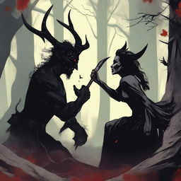 A realistic scene depicting forbidden love between a male demon with small horns, quite buff with a scar on his cheek, and a female witch with no horns