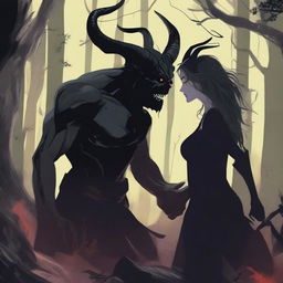 A realistic scene depicting forbidden love between a male demon with small horns, quite buff with a scar on his cheek, and a female witch with no horns