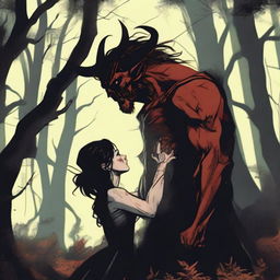 A realistic scene depicting forbidden love between a male demon with small horns, quite buff with a scar on his cheek, and a female witch with no horns