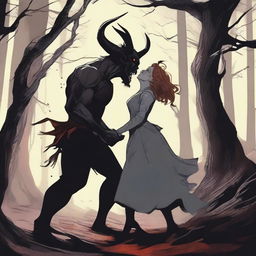 A realistic scene depicting forbidden love between a male demon with small horns, quite buff with a scar on his cheek, and a female witch with no horns