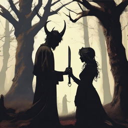 A realistic scene depicting forbidden love between a male demon with small horns, with a scar on his cheek, and a female witch with no horns