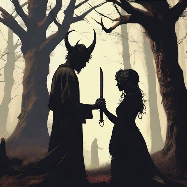 A realistic scene depicting forbidden love between a male demon with small horns, with a scar on his cheek, and a female witch with no horns