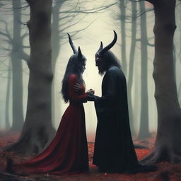 A realistic scene depicting forbidden love between a male demon with small horns, with a scar on his cheek, and a female witch with no horns