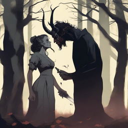 A realistic scene depicting forbidden love between a male demon with small horns, with a scar on his cheek, and a female witch with no horns