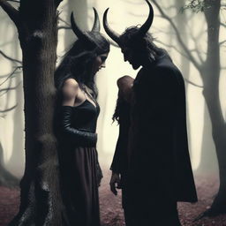 A realistic scene depicting forbidden love between a male demon with small horns, with a scar on his cheek, and a female witch with no horns