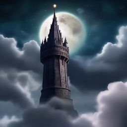 A dark wizard tower floating in the sky, surrounded by clouds and a mystical aura