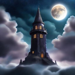 A dark wizard tower floating in the sky, surrounded by clouds and a mystical aura