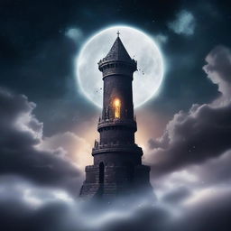 A dark wizard tower floating in the sky, surrounded by clouds and a mystical aura