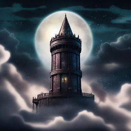 A dark wizard tower floating in the sky, surrounded by clouds and a mystical aura