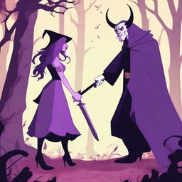 A dramatic scene depicting a love-hate relationship between a female witch and a male demon