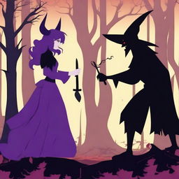 A dramatic scene depicting a love-hate relationship between a female witch and a male demon