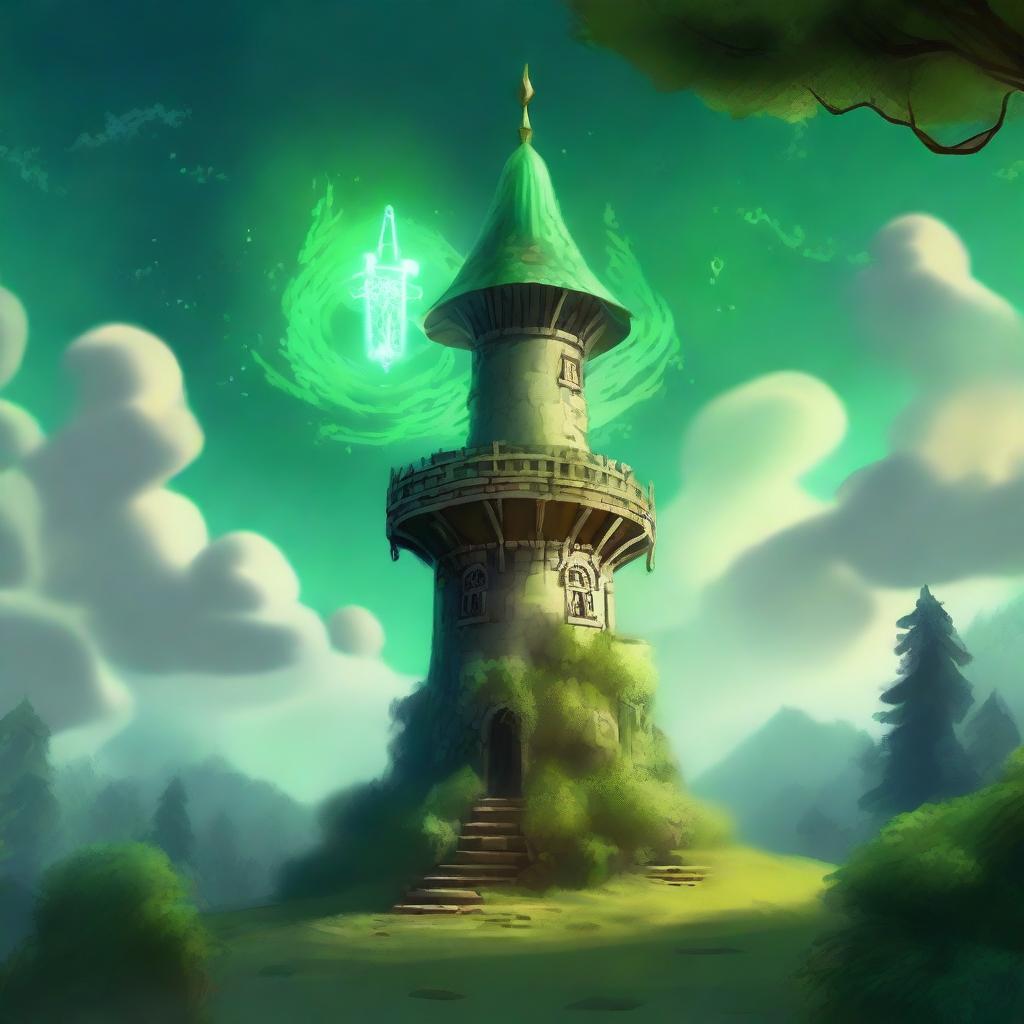 A wizard tower floating above the ground, surrounded by a mystical aura