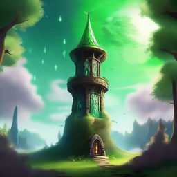 A wizard tower floating above the ground, surrounded by a mystical aura