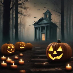 Create a horror book cover set in an October ambiance with pumpkins, an evil atmosphere, and the woods