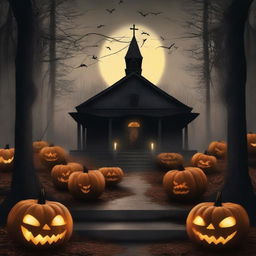 Create a horror book cover set in an October ambiance with pumpkins, an evil atmosphere, and the woods