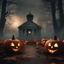 Create a horror book cover set in an October ambiance with pumpkins, an evil atmosphere, and the woods