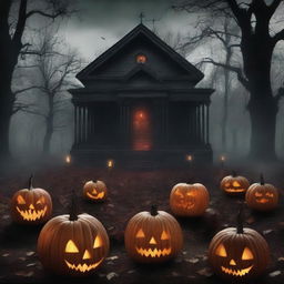 Create a horror book cover set in an October ambiance with pumpkins, an evil atmosphere, and the woods