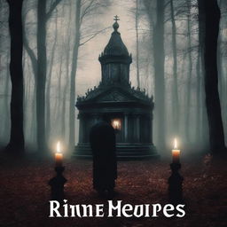 Create a horror book cover featuring an evil atmosphere set in the woods