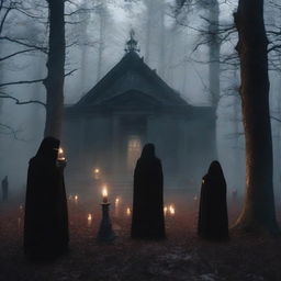 Create a horror book cover featuring an evil atmosphere set in the woods