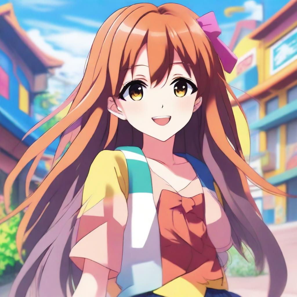 A young anime girl with big, expressive eyes and a cheerful smile