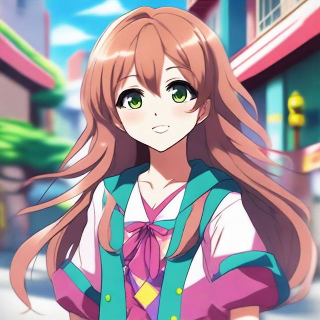 A young anime girl with big, expressive eyes and a cheerful smile