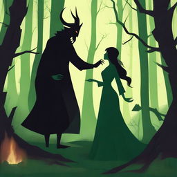 A fantasy scene depicting a forbidden romance between a female witch and a male demon