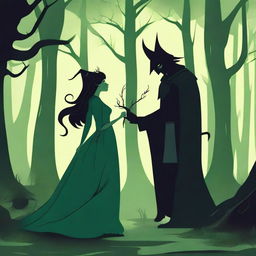 A fantasy scene depicting a forbidden romance between a female witch and a male demon