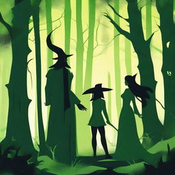 A fantasy scene depicting a forbidden romance between a female witch and a male demon