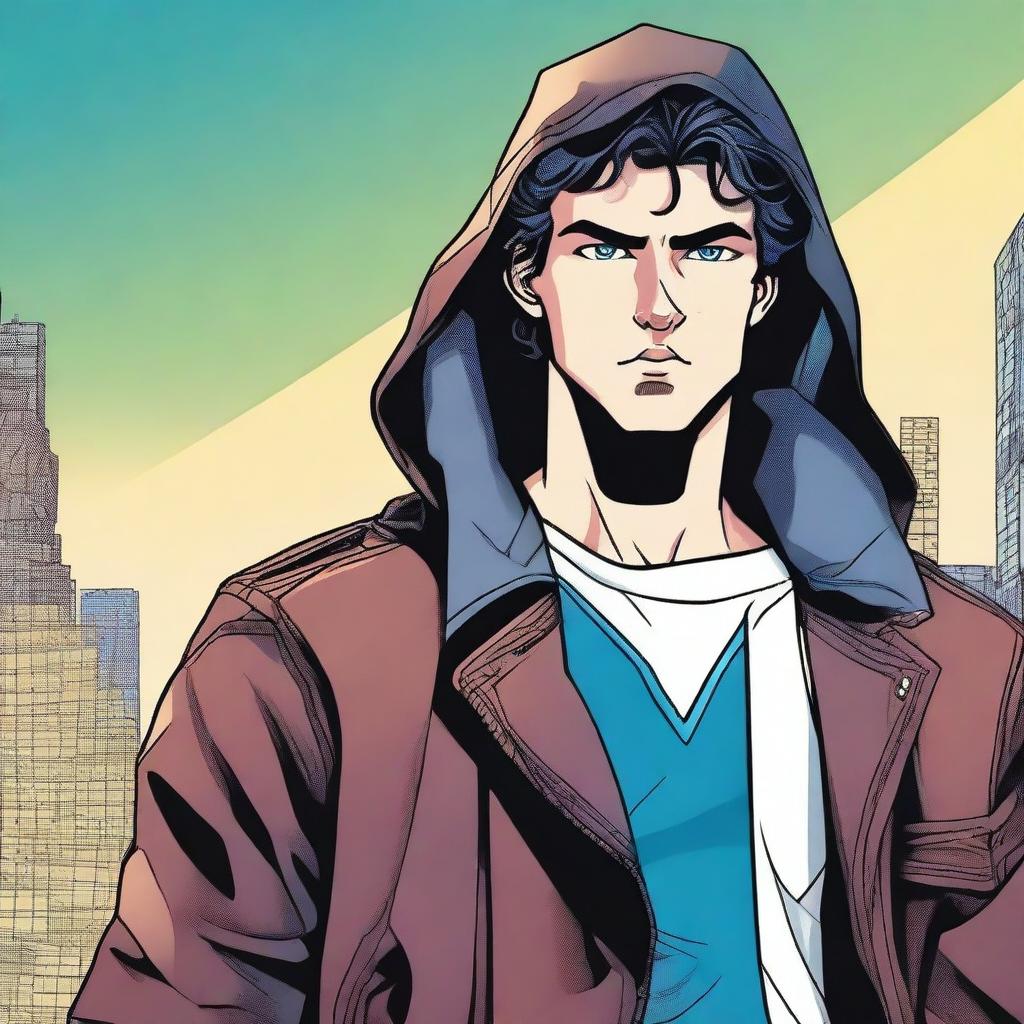 A young man, 23 years old, with dark brown hair and blue eyes, wearing a leather jacket with a hood, depicted in a comic book style