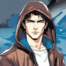 A young man, 23 years old, with dark brown hair and blue eyes, wearing a leather jacket with a hood, depicted in a comic book style